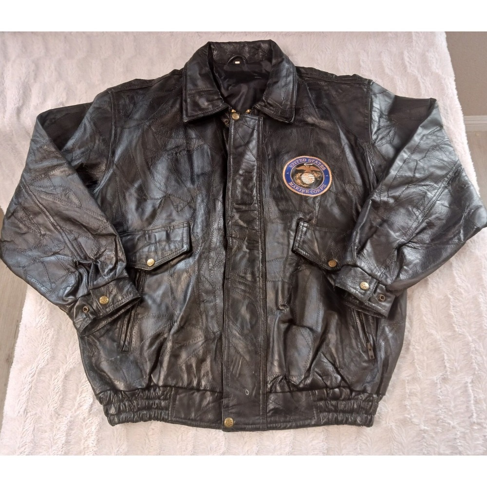 Vintage Marines Corps US Military Patchwork Leather Black Bomber Jacket Adult XL